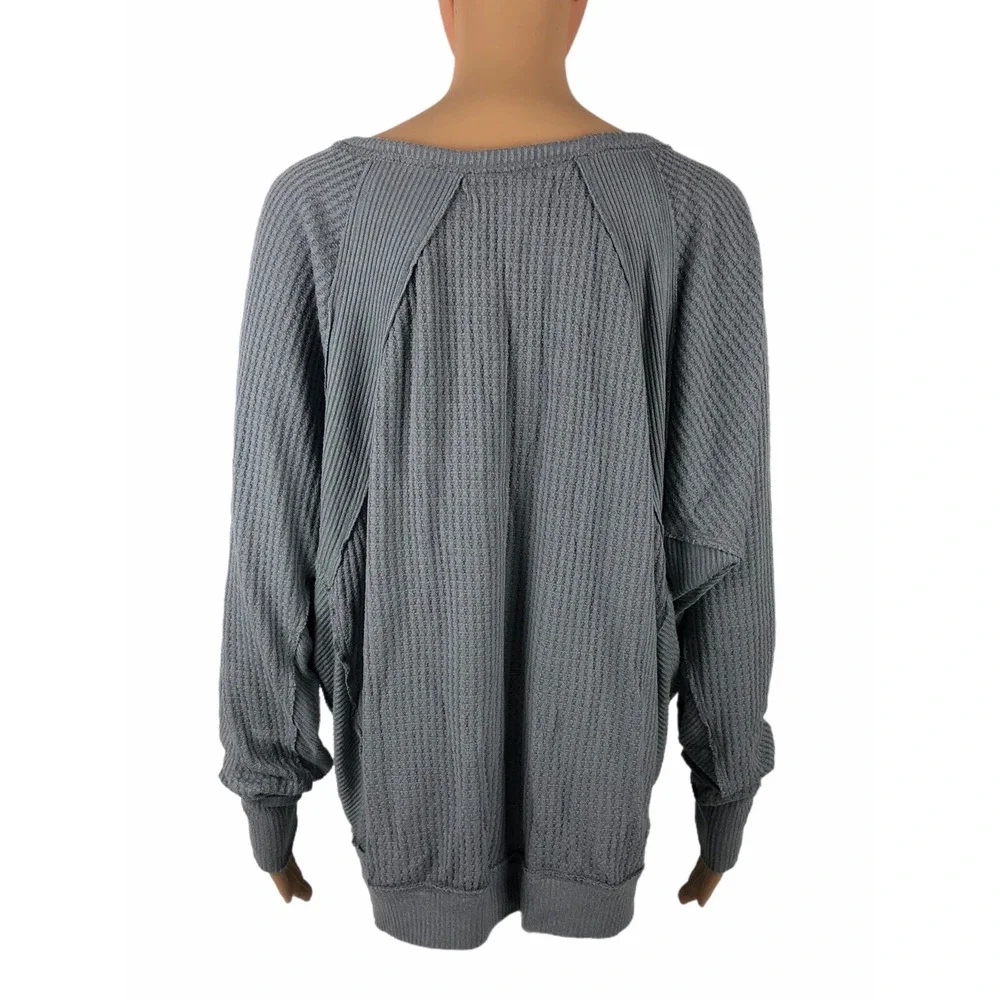 Free People We the Free Santa Clara Thermal Top Medium Gray Knit V Neck Stretch